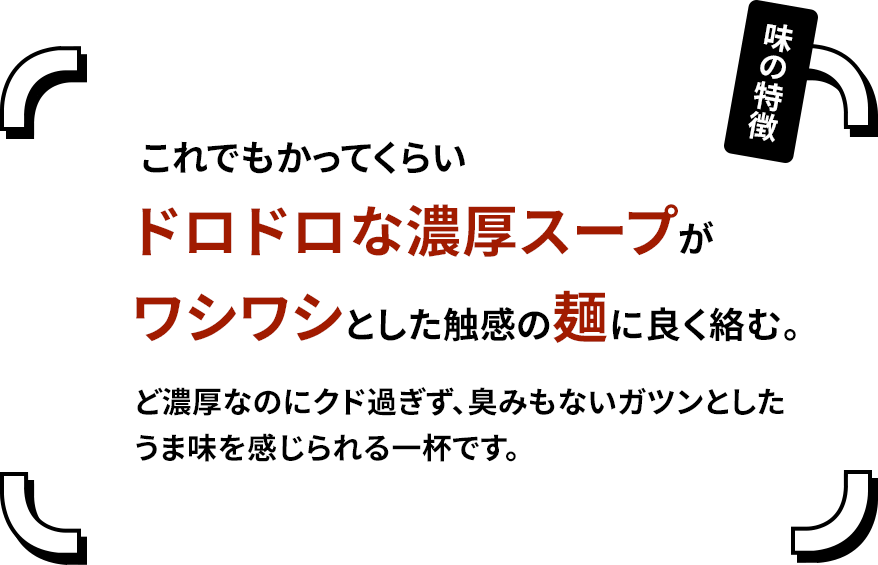  これでもかってくらいドロドロな濃厚スープがワシワシとした触感の麺に良く絡む。